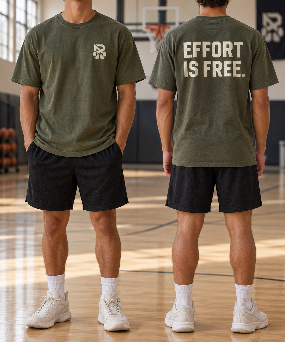 Existing olive shirt mockup showing the R-and-paw chest logo on the front and EFFORT IS FREE on the back