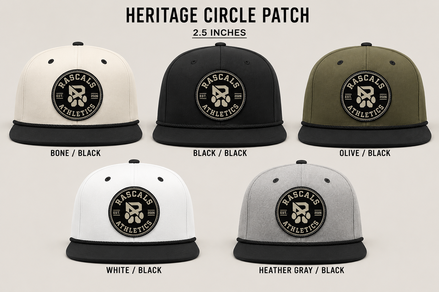 Concept circle-patch Rascals hats in bone and black, black, olive, white, and heather gray
