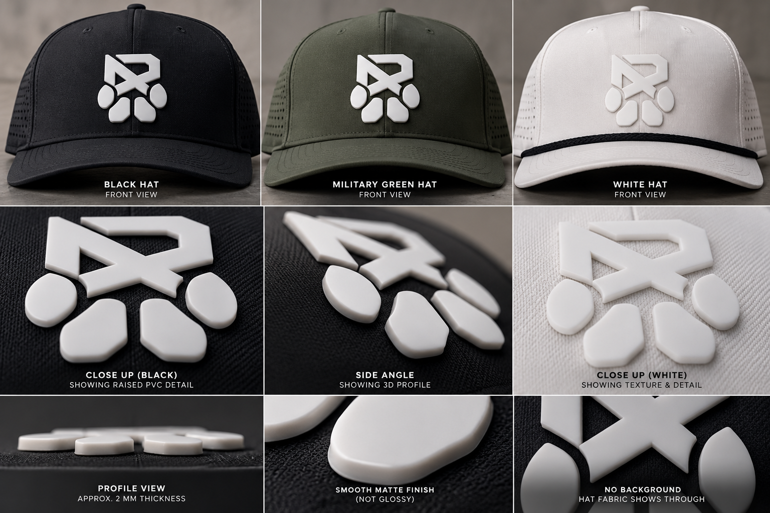 Existing PVC mockup showing black, military green, and white hats with the white Rascals R-and-paw logo and close-up patch details